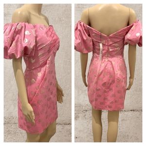 Monique Lhuillier Metallic Polka Dot Puff Sleeve Ruched Cocktail Party Dress XS